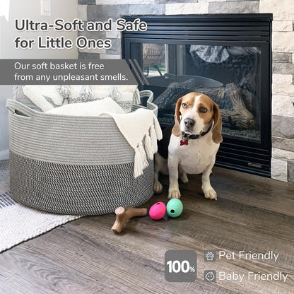 INDRESSME XXXLarge Blanket Basket for Living Room 21.7" x 21.7" x 13.8"-Storage Basket with Handle for Organizing Toy Pillows Woven Cotton Rope Laundry Basket Stuffed Animal Toy Storage for Play Room