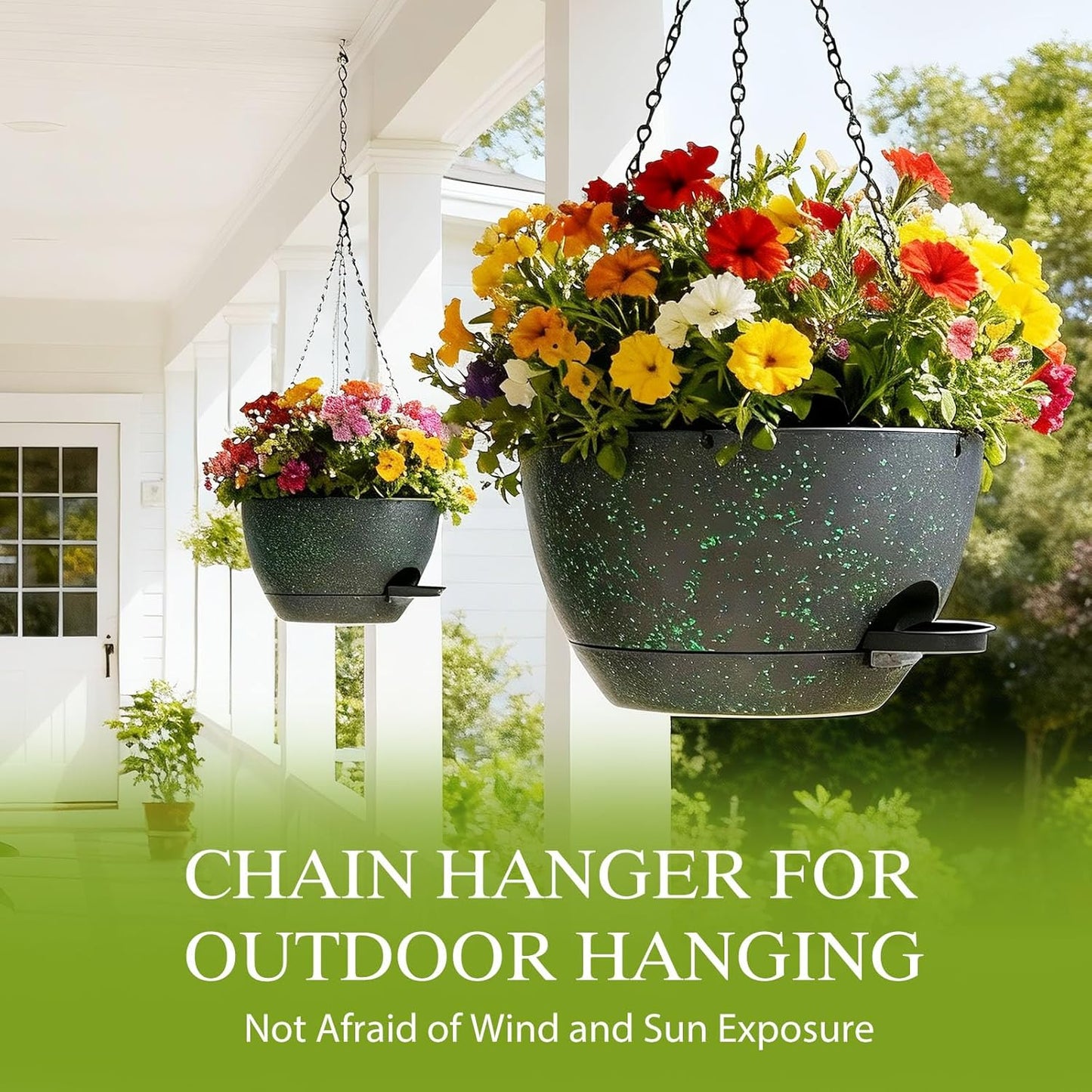 12 Inch Hanging Baskets 2 PC with Chains, Self-Watering Hanging Planters for Indoor Outdoor Plants, Plastic Hanging Flower Pots,Black