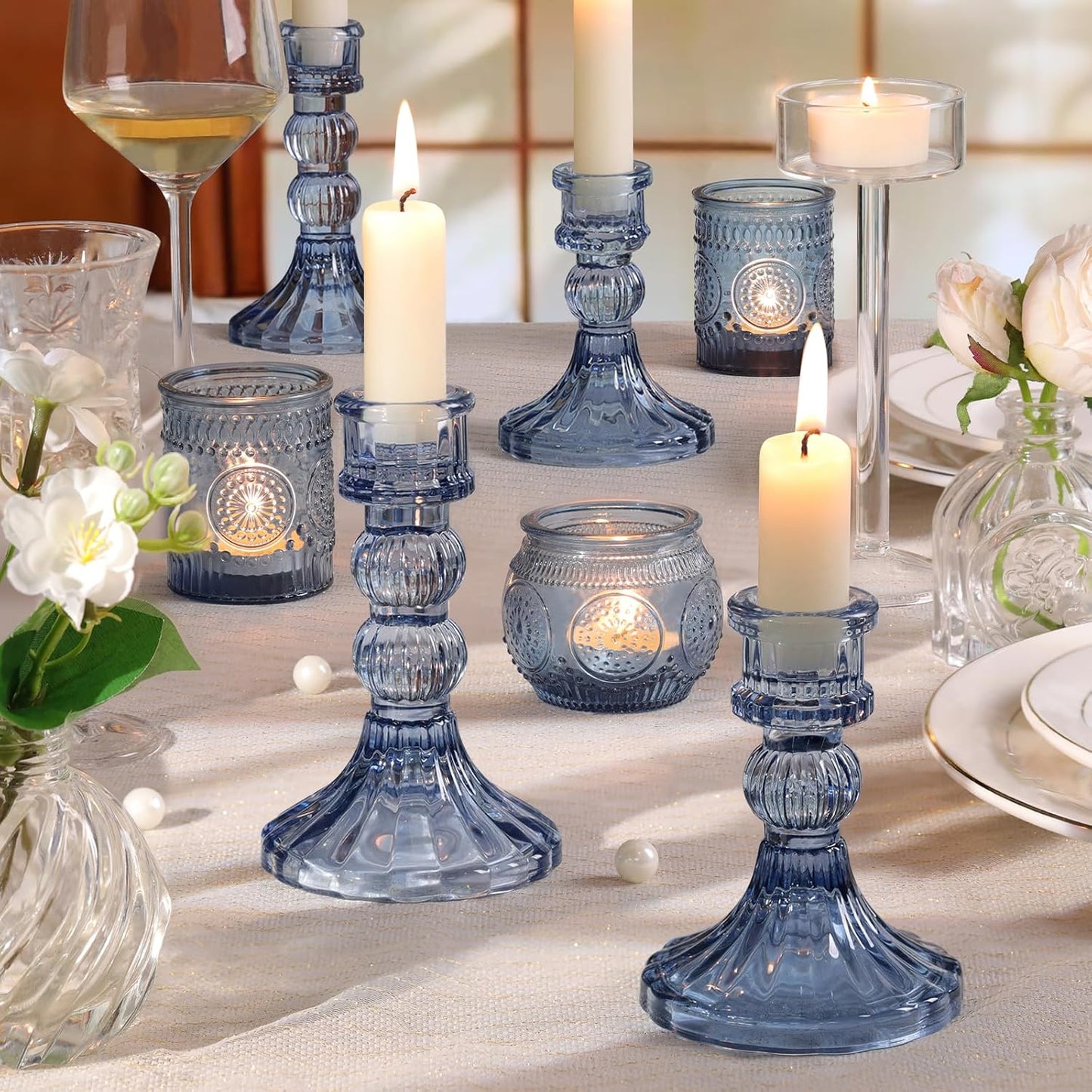 DARJEN 6Pcs Gold Candlestick Holders Set - 4" H & 5" H Striped Taper Candle Holders Bulk, Glass Candle Holders for Wedding, Festival, Party, Table Centerpiece, Gifts