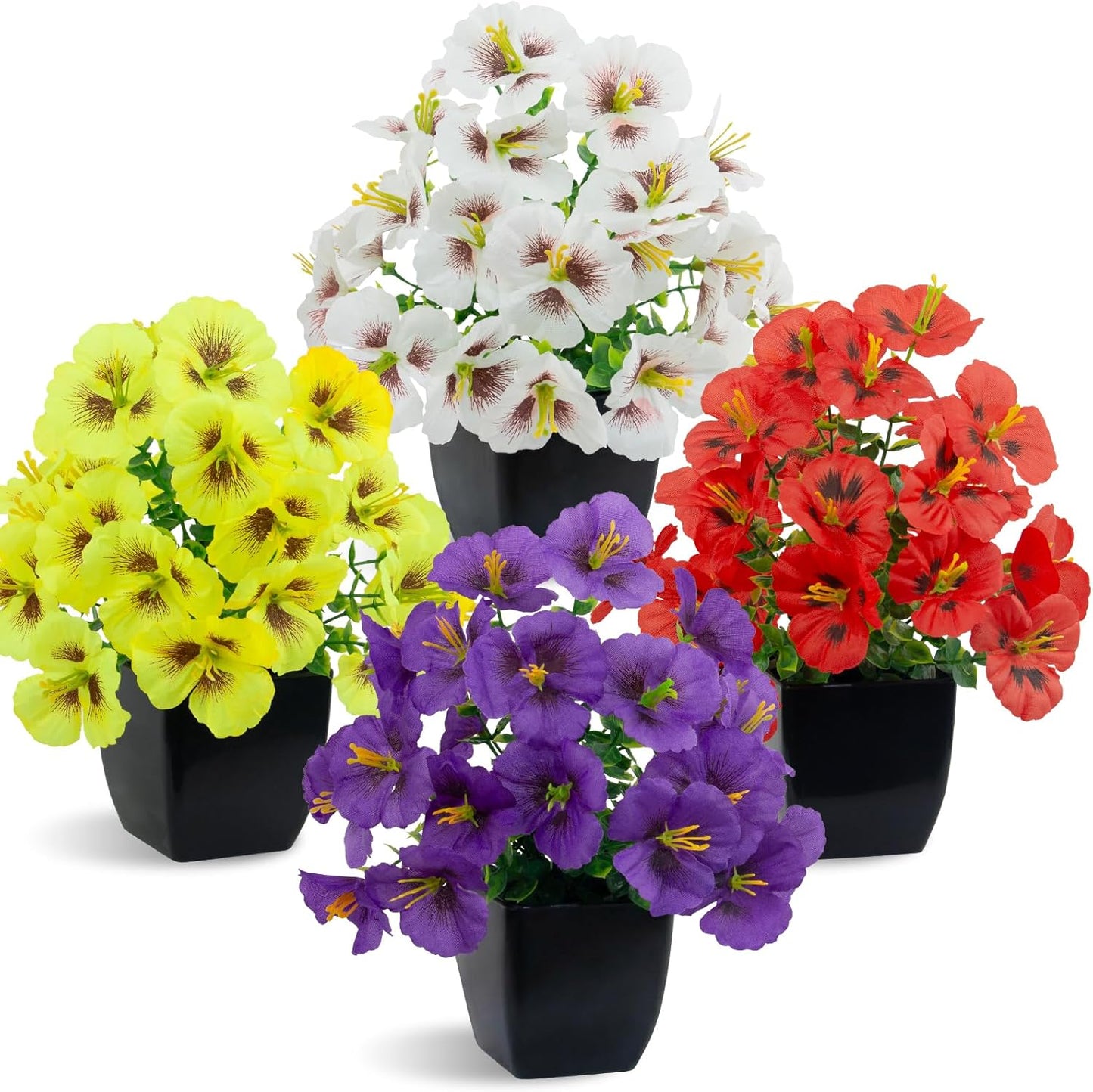 LOYWREE 4 Pack Small Artificial Mums Flowers in White Pots, Fake Mini Potted Plants, Spring Floral Decor for Home Bathroom Shelves Office Desk Table Centerpiece Indoor Decoration