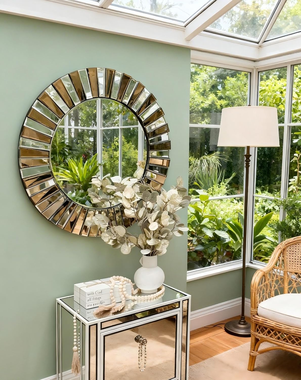 Round Wall Mirror Decorative Sunburst Silver-Brown Crystal Edge 32 inch