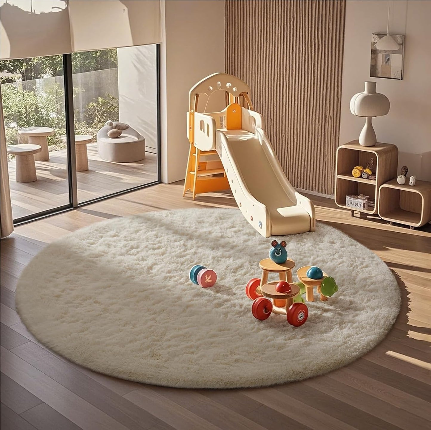 Ophanie Round Rugs 5Ft Ivory Circle Area Rug, Nursery Room Decor, Christmas Aesthetic Bedroom Home Circular Carpet 5 Foot, Fluffy Fuzzy Shag Plush Cream Living Room Rugs for Kids Boys Girls Teen Baby
