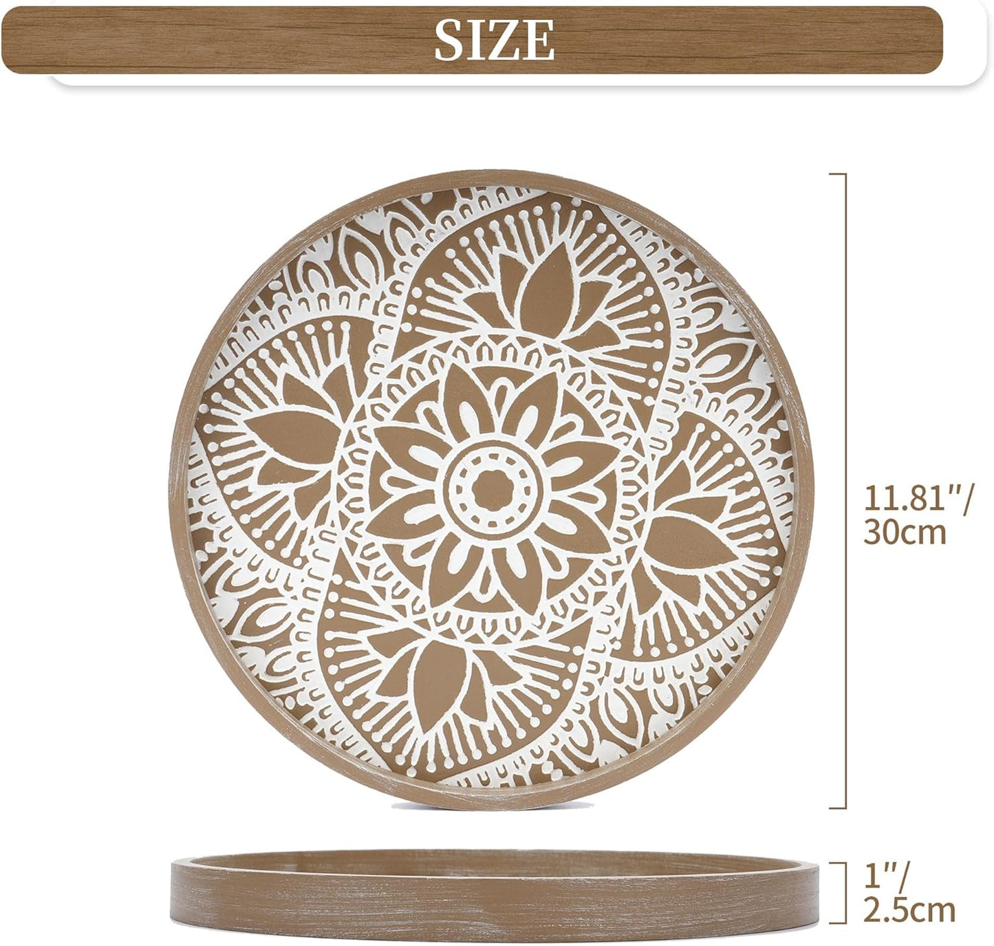 Hanobe Decorative Serving Tray Round: Farmhouse Coffee Table Decor Boho White Mandala Trays for Living Room Kitchen Bathroom Display