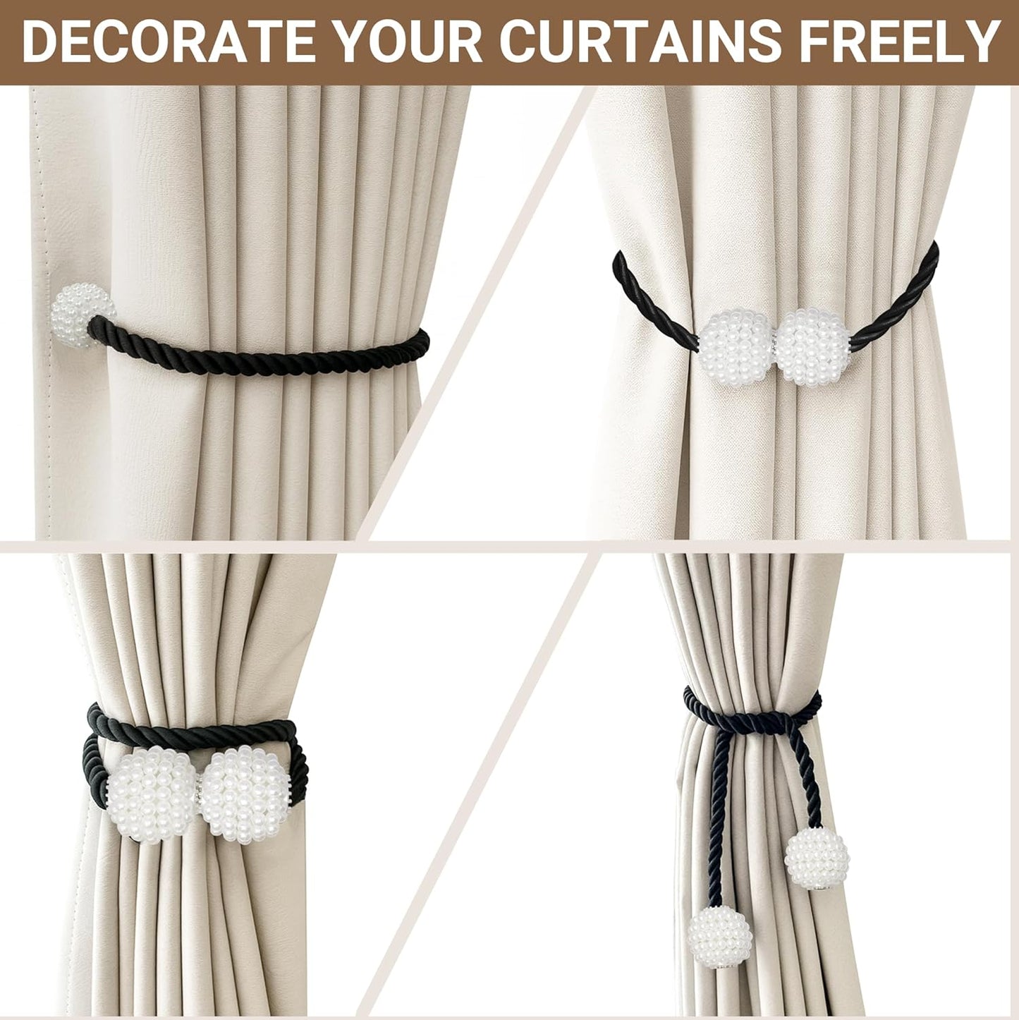 Hion Magnetic Curtain Tiebacks Black 2pcs, Curtain Tiebacks Buckles Holdbacks Holders Hooks Clip for Home Outdoor Bedroom Office Decorative Curtain
