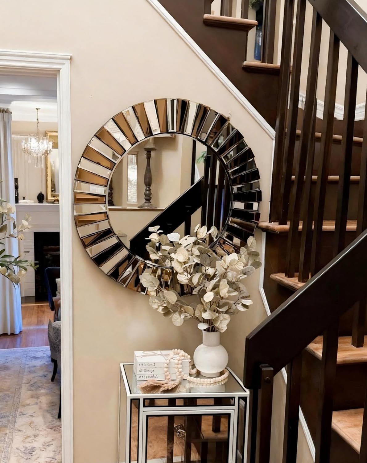 Round Wall Mirror Decorative Sunburst Silver-Brown Crystal Edge 32 inch