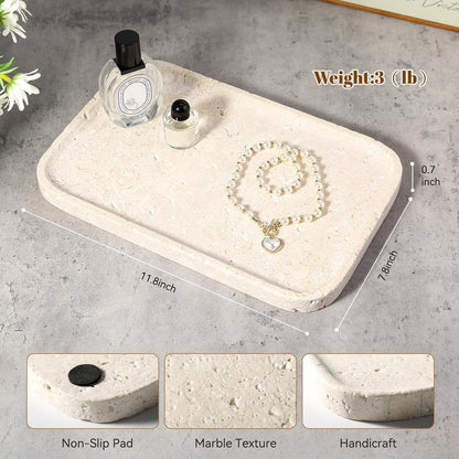 Marble Vanity Tray for Dresser Organizer, Travertine Bathroom Tray Countertop, Beige Decorative Serving Trays, Kitchen Sink Storage, Jewelry & Perfume Holder(Travertino Romano)