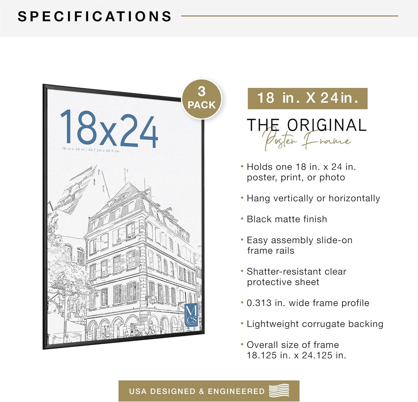 MCS Original Poster Frame 24x36 Black Lightweight Vertical & Horizontal Wall Hanging Large Picture Frame for Posters, Art Prints & Gallery Wall (6-Pack)