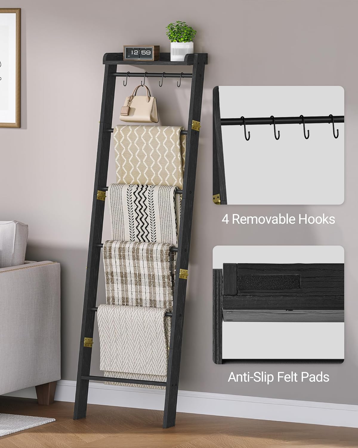 Hzuaneri Blanket Ladder Shelf, Decorative Quilt Rack, 6-Tier Farmhouse Ladder Holder Organizer with 4 Removable Hooks 7.9" D x 17.3" W x 63.4" H, Rustic Brown BR35801B
