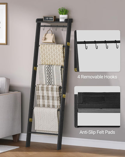 Hzuaneri Blanket Ladder Shelf, Decorative Quilt Rack, 6-Tier Farmhouse Ladder Holder Organizer with 4 Removable Hooks 7.9" D x 17.3" W x 63.4" H, Rustic Brown BR35801B