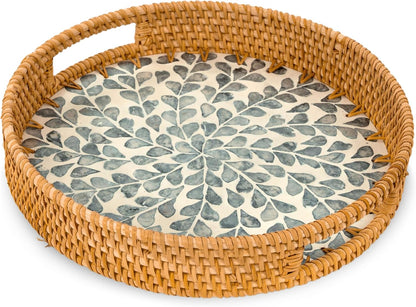 KOLWOVEN Round Rattan Tray with Handle, Rattan Serving Tray with Mother of Pearl Inlay Wooden Base, Decorative Wicker Basket for Table Decor (Blue Leaves)