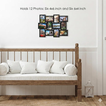 MELANNCO Collage Picture Frame for Wall, Holds 12 Photos - Six 4x6 and Six 6x4 Images, 18x23 Inch Black Plastic Frame, Hang Horizontal or Vertical, Gallery Wall Decor