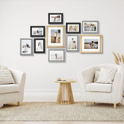 Povrgive Picture Frames, Made of Real Glass and Wooden Frame, Gallery Photo Frames Set of 10 for Collage Wall Decor, Multi Sizes Including 8x10, 5x7, 4x6 for Mounting or Tabletop Display, Wood