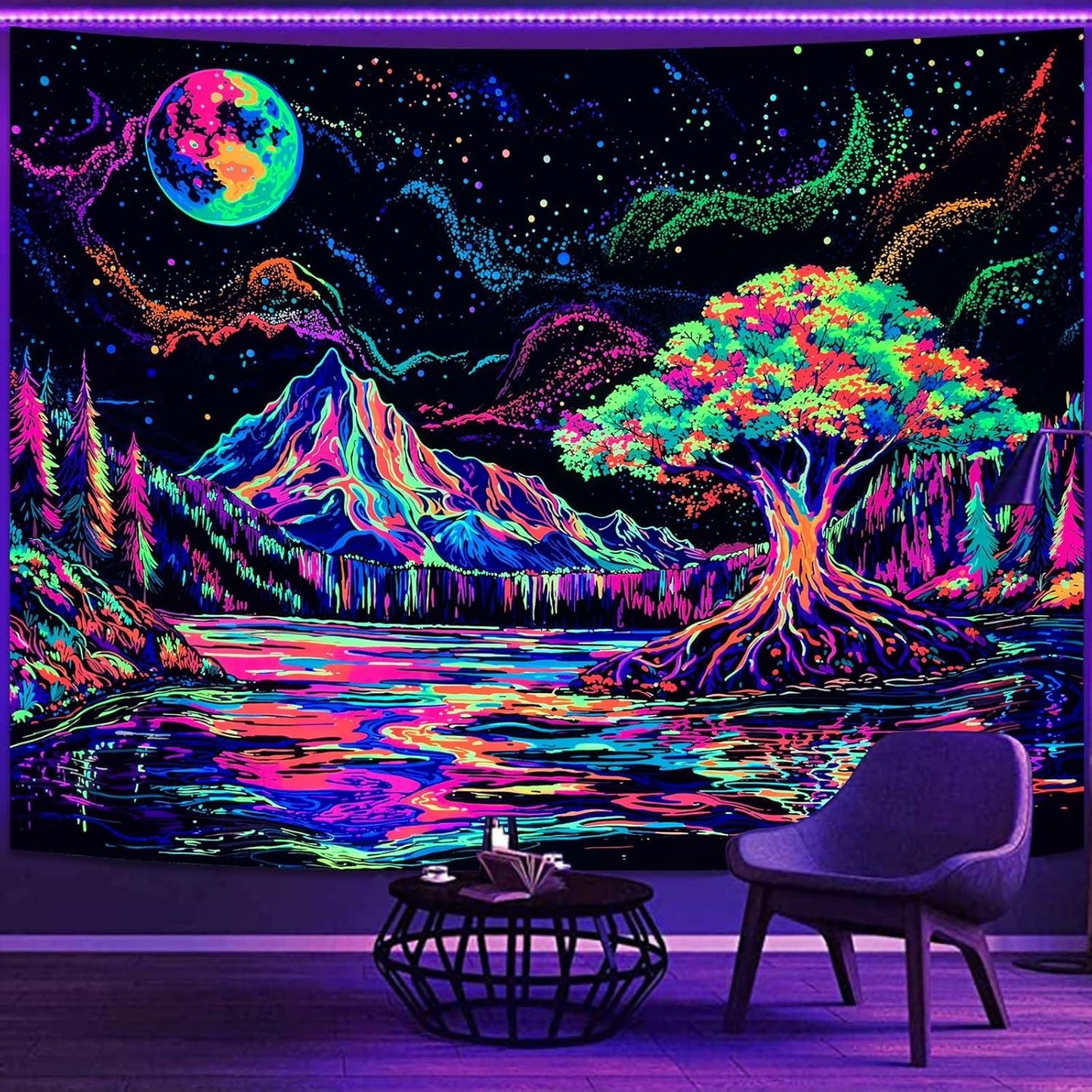 Zussun Black and White Tapestry Starry Night Mountain Tapestries for Bedroom Aesthetic Moon and Stars Tapastry's Wall Hanging Dark Nature Forest Wall Tapestry for Living Room Dorm (48'' × 36'')