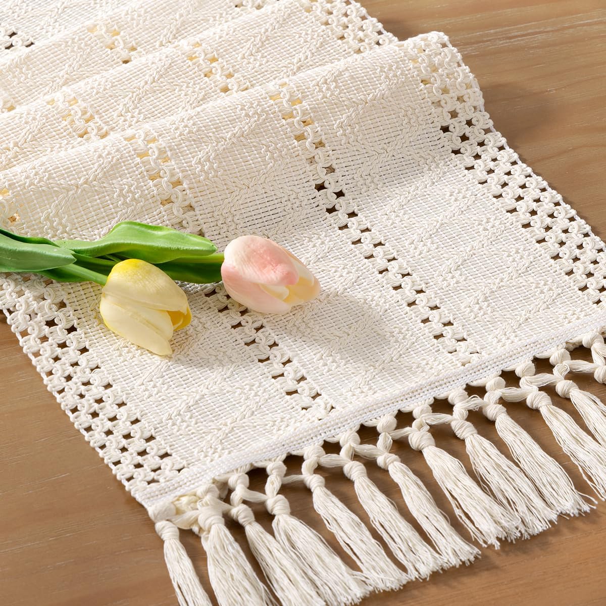 Socomi Boho Table Runner Summer Farmhouse Rustic Dining Kitchen Centerpiece Decor Small Macrame Woven Cotton Linen Coffee Table Runner for Dresser Scarf Home Decor 12x36 inch Beige