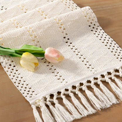 Socomi Boho Table Runner Summer Farmhouse Rustic Dining Kitchen Centerpiece Decor Small Macrame Woven Cotton Linen Coffee Table Runner for Dresser Scarf Home Decor 12x36 inch Beige