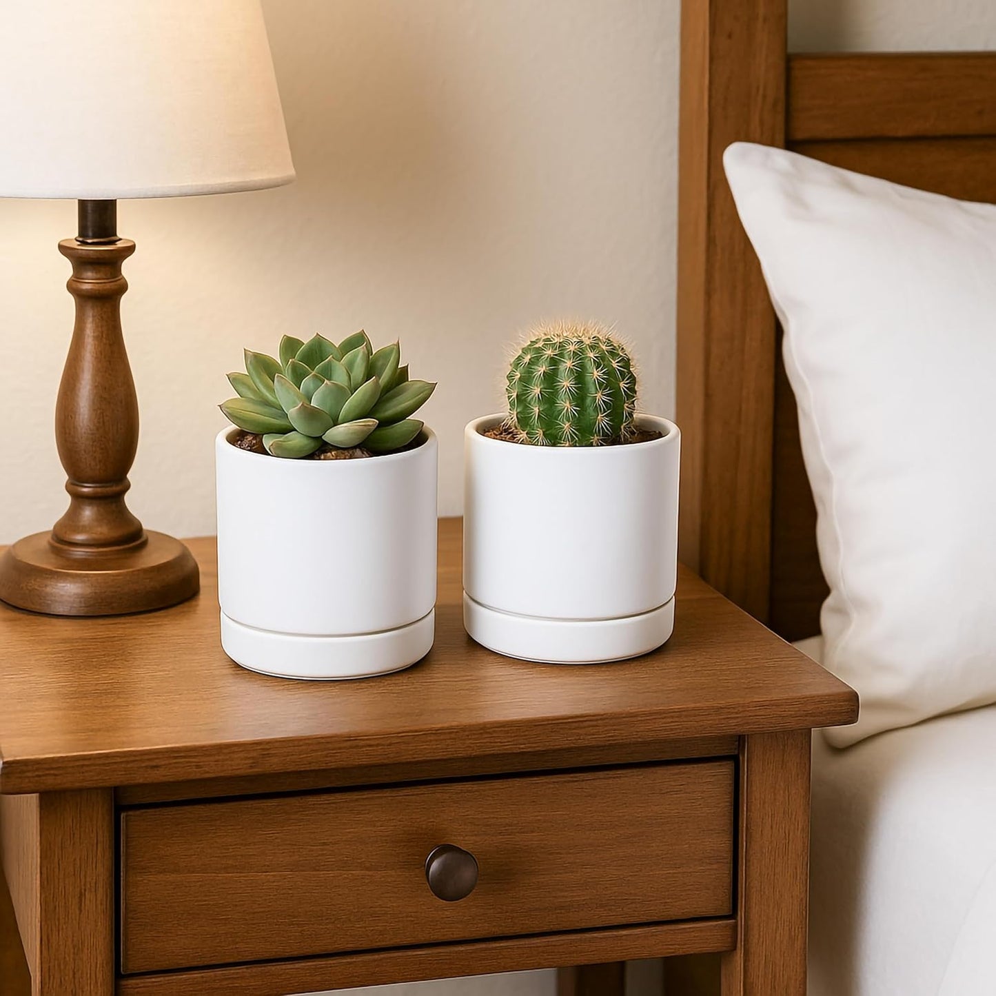 D'vine Dev Set of 2 Plants Pots, 6.5 Inch Ceramic Planter Pot for Plants with Drainage Hole and Saucer, White, 94-V-C-1