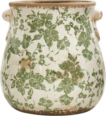 Nearly Natural 6.5in Ceramic Decorative Vase Tuscan Style Green Floral Scroll Design for Indoor Home Decor Centerpieces Tables Small Flower Vases