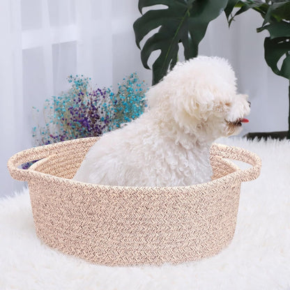 ABenkle Small Basket with Handles, Boho Decorative Rope Woven Dog Cat Toy Storage Bin Shelf Storage Organizer, Easter Christmas Gift Basket, 12"x8"x5", White