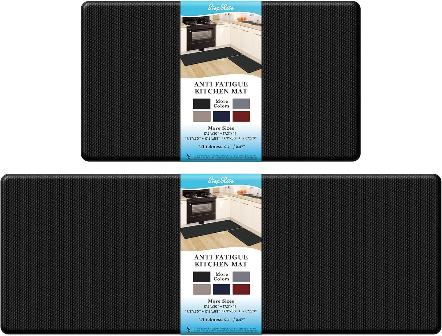 StepRite Kitchen Mats, 2PCS Kitchen Rugs, Cushioned Anti Fatigue Kitchen Mats for Floor, Non-Slip Standing Desk Mat, Waterproof Kitchen Rug Set for Kitchen, Floor, Office, 17.3"x30"+17.3"x47", Black