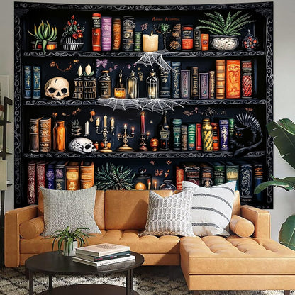 Algasan Magic Bookshelf Tapestry Magical Book Tapestry Gothic Witchy Vintage Library Skull Potion Black Cat Candle Botanical Backdrop for Bedroom Living Room Dorm 59.1 x 51.2 Inches