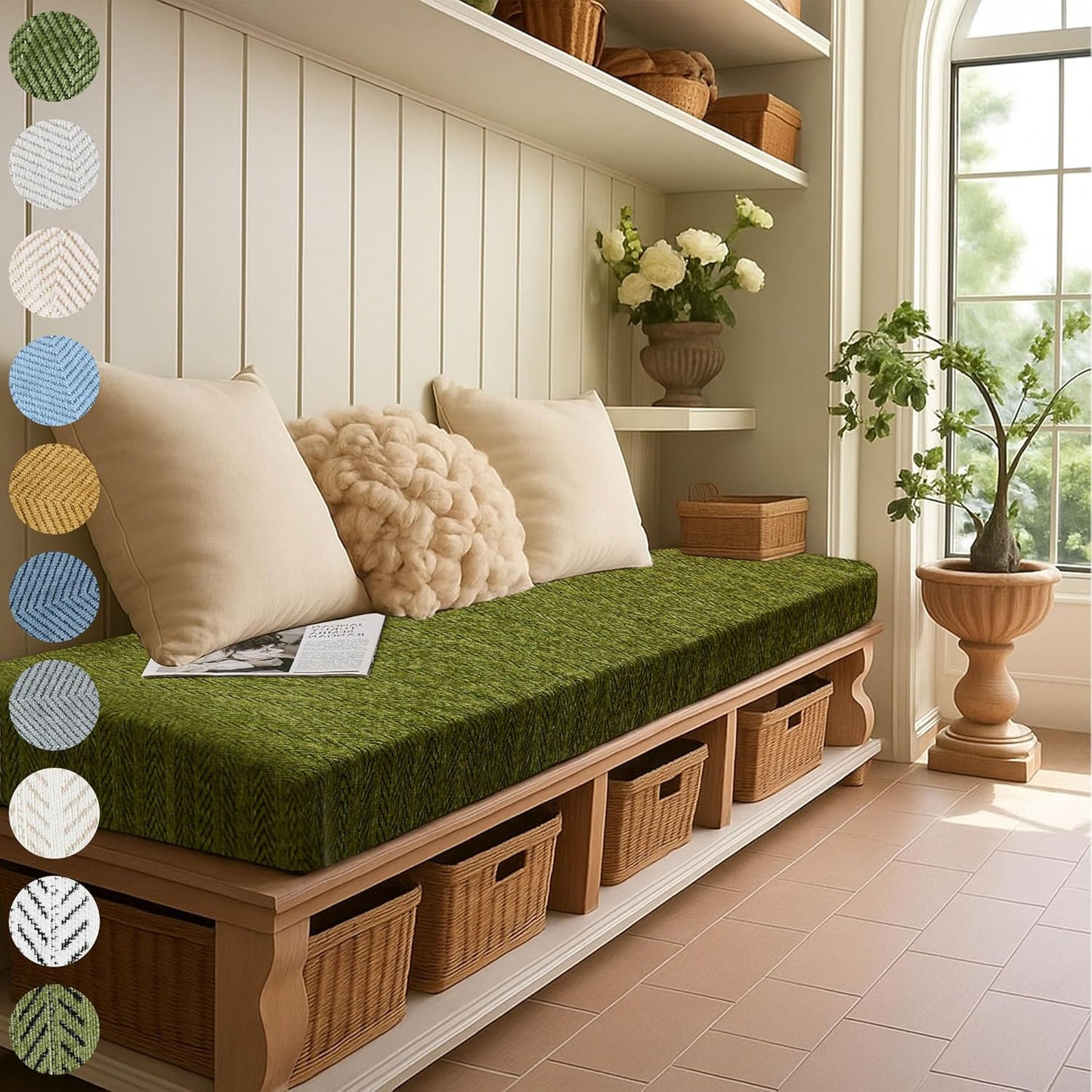Custom Size Bench Cushion, Custom Bench Cushions for Indoor Furniture, 75D Foam Furniture Window Seat Cushion, Breakfast Nook, Mudroom, Banquette Bench Cushion, Non-Slip Bottom, Pipe Design