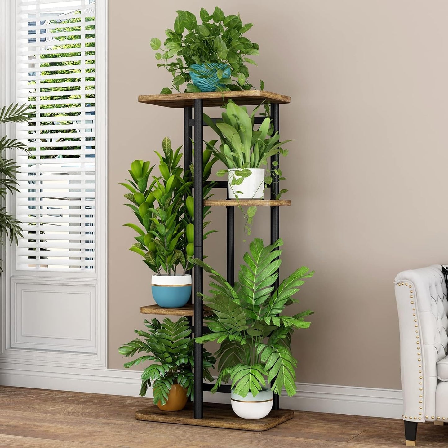 LINZINAR Plant Stand Indoor 4 Tier 5 Potted Multiple Plant Shelf Stands for Garden Corner Balcony Living Room Black