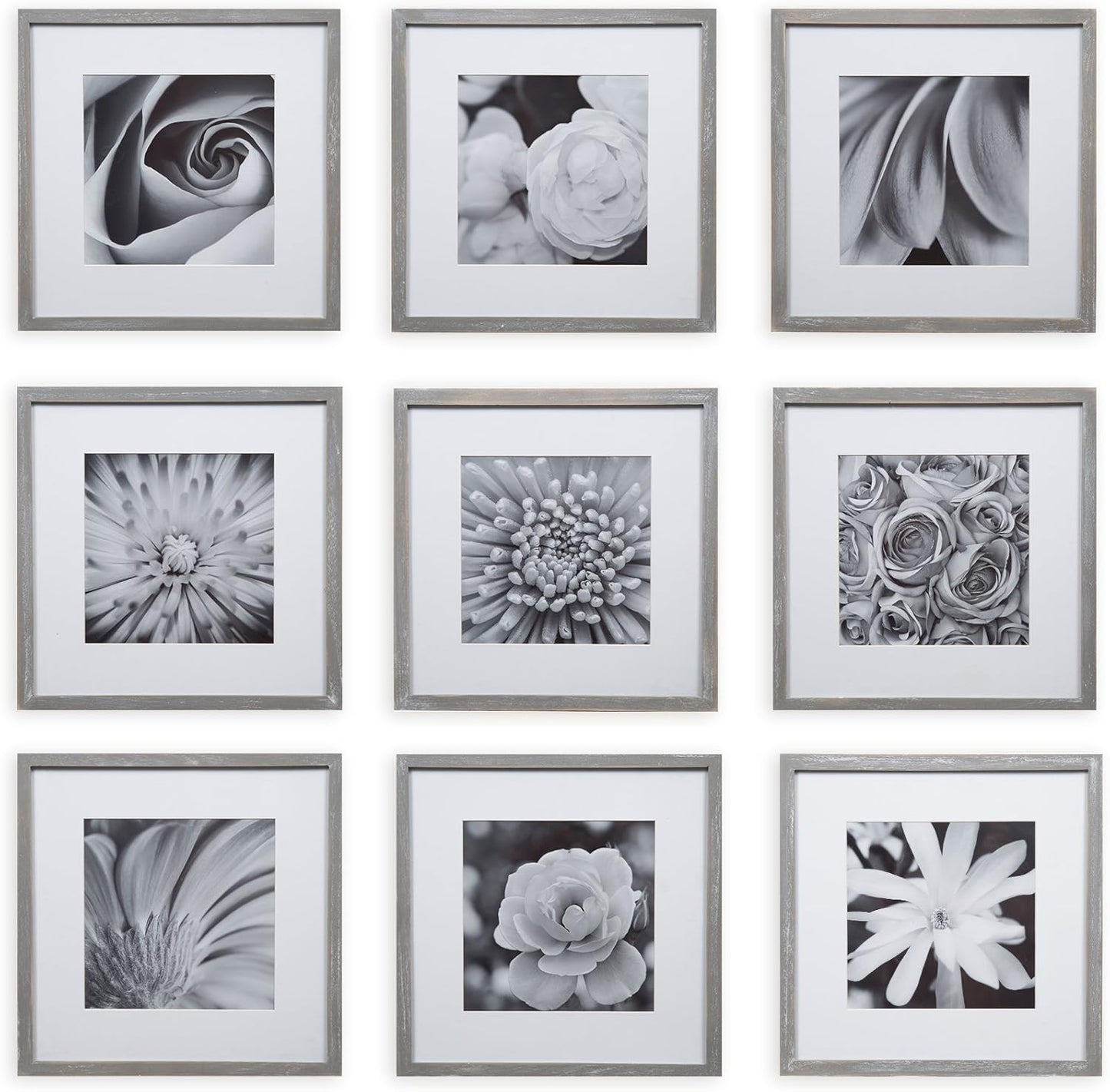 Gallery Perfect 12x12 Picture Frames, 9 Piece Set with Real Glass Cover for 8x8 Photos With Mat, Picture Frames Collage Wall Decor for Gallery Wall, Home Decor, Black