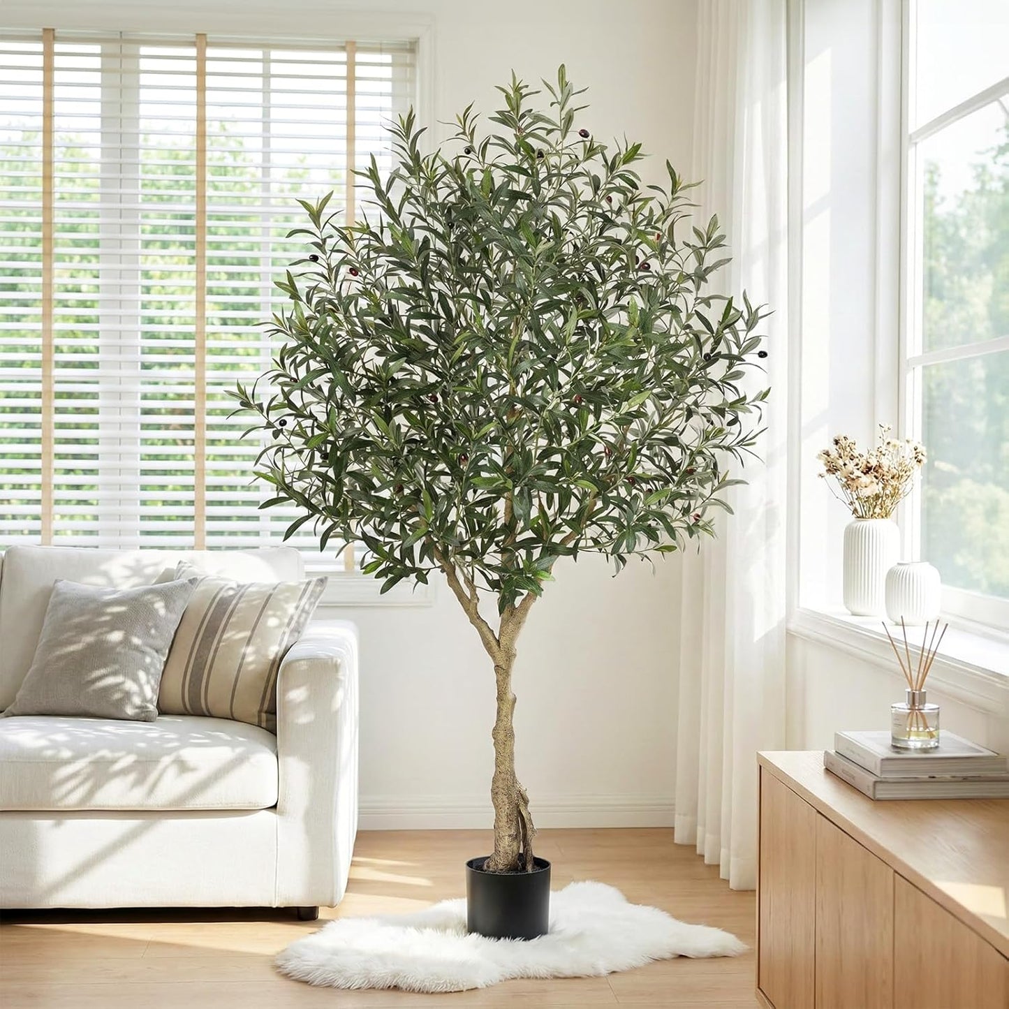 Verinatural Olive Tree Artificial Indoor, 8FT Tall Faux Olive Tree with 18in White Planter, Artificial Plants with Natural Wood Trunk and Lifelike Fruits for Home Office Decor,VN205
