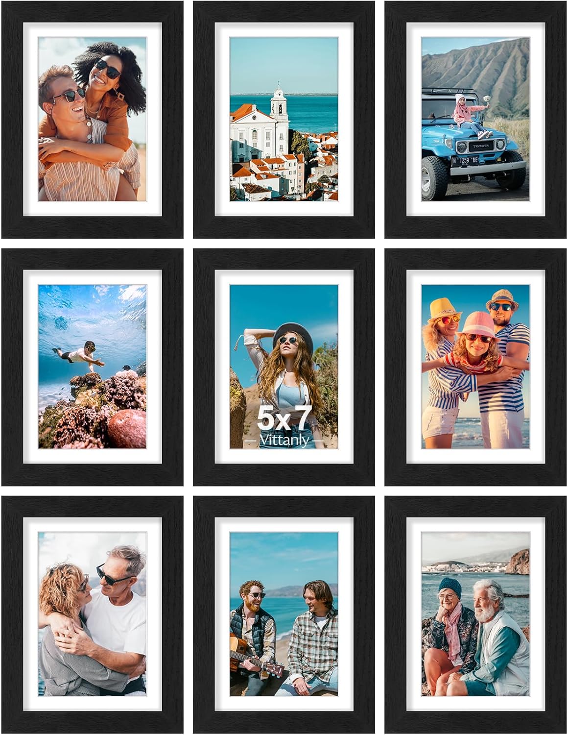 Vittanly 8x10 Picture Frames Set of 9, Shatter Resistant Plexiglass, Display 5x7 Pictures with Mat or 8x10 without Mat, Photo Frames for Wall or Tabletop, Engineered Wood, Black - Colors A