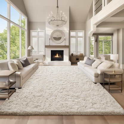 Ophanie Round Rugs 5Ft Ivory Circle Area Rug, Nursery Room Decor, Christmas Aesthetic Bedroom Home Circular Carpet 5 Foot, Fluffy Fuzzy Shag Plush Cream Living Room Rugs for Kids Boys Girls Teen Baby