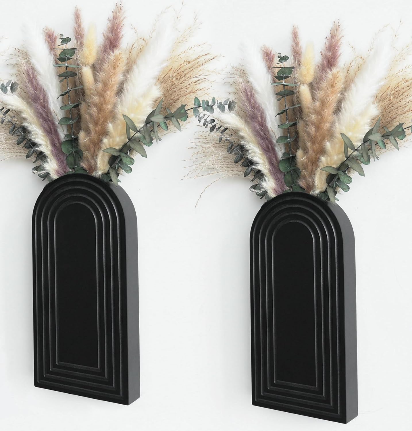 Set of 2 Wooden Vases with Pampas Grass and Eucalyptus – Boho Decor for Living Room, Modern Farmhouse Entryway or Bathroom, Rustic Art for Home Decoration