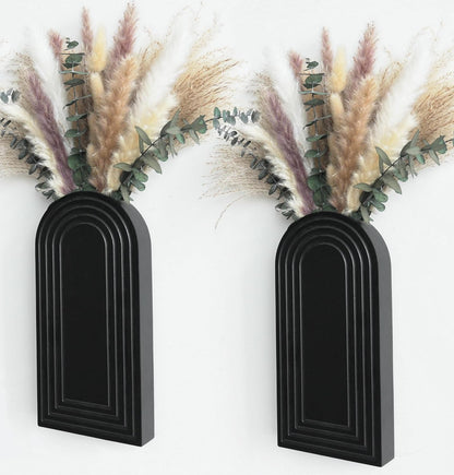Set of 2 Wooden Vases with Pampas Grass and Eucalyptus – Boho Decor for Living Room, Modern Farmhouse Entryway or Bathroom, Rustic Art for Home Decoration