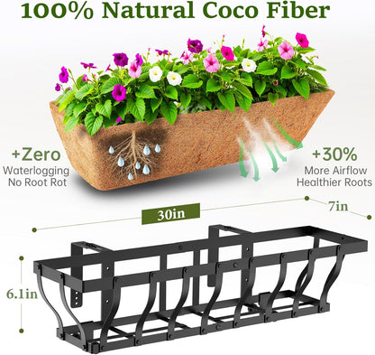 VOXOR Railing Planter Boxes, Heavy Duty Window Box Planters, Adjustable Balcony Planters for Railing Hanging, with Coco Liner & Support Rod for Deck, Porch, and Patio Gardening (2 Pack, 24 Inch)