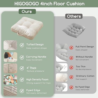 HIGOGOGO 6" Extra Thick Floor Pillow Cushion for Adults, Meditation Cushion Pillow, Large Square Floor Sitting, Tufted Corduroy Cover, for Tatami Living Room or Yoga, 22x22 Inch, 2Pack, Dark Grey