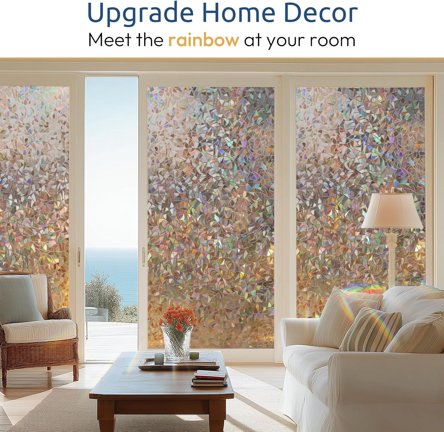 rabbitgoo Window Privacy Film Rainbow Film Decorative Window Sticker, 3D Static Stained Glass Cling Tint for Home Heat Control Non-Adhesive, 17.5 x 78.7 inches