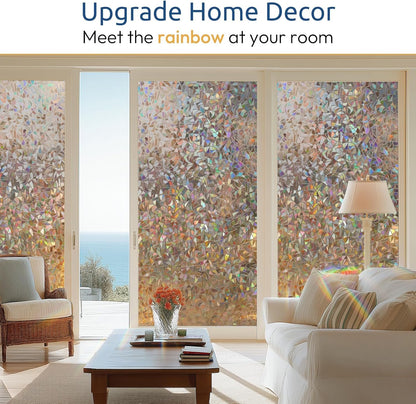 rabbitgoo Window Privacy Film Rainbow Film Decorative Window Sticker, 3D Static Stained Glass Cling Tint for Home Heat Control Non-Adhesive, 17.5 x 78.7 inches