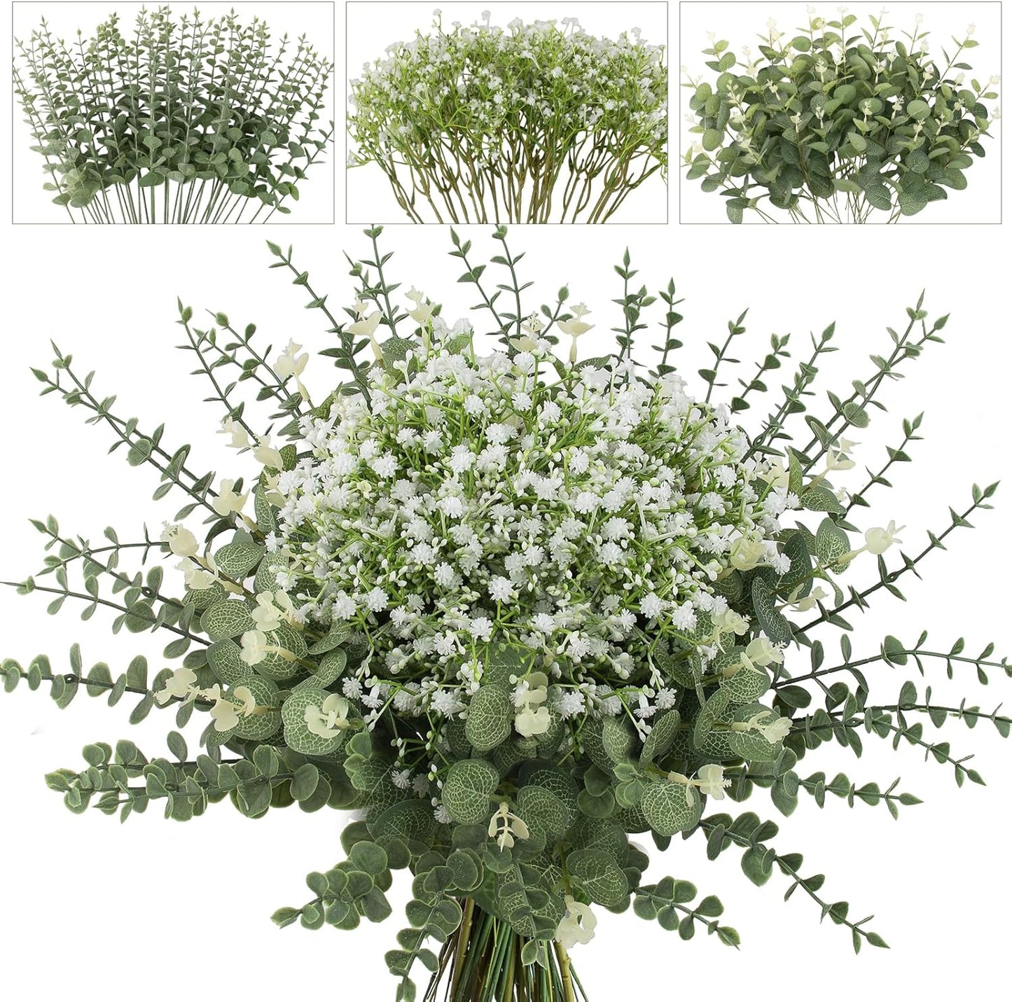 lovemoon 130 Pcs Artificial Mixed Eucalyptus Stems Bulk, 5 Kinds of Faux Greenery Eucalyptus Leaves Bulk for Vase Wedding DIY Bouquets Floral Arrangement Home Decor (130, Green)