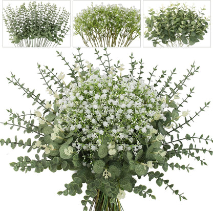 lovemoon 130 Pcs Artificial Mixed Eucalyptus Stems Bulk, 5 Kinds of Faux Greenery Eucalyptus Leaves Bulk for Vase Wedding DIY Bouquets Floral Arrangement Home Decor (130, Green)