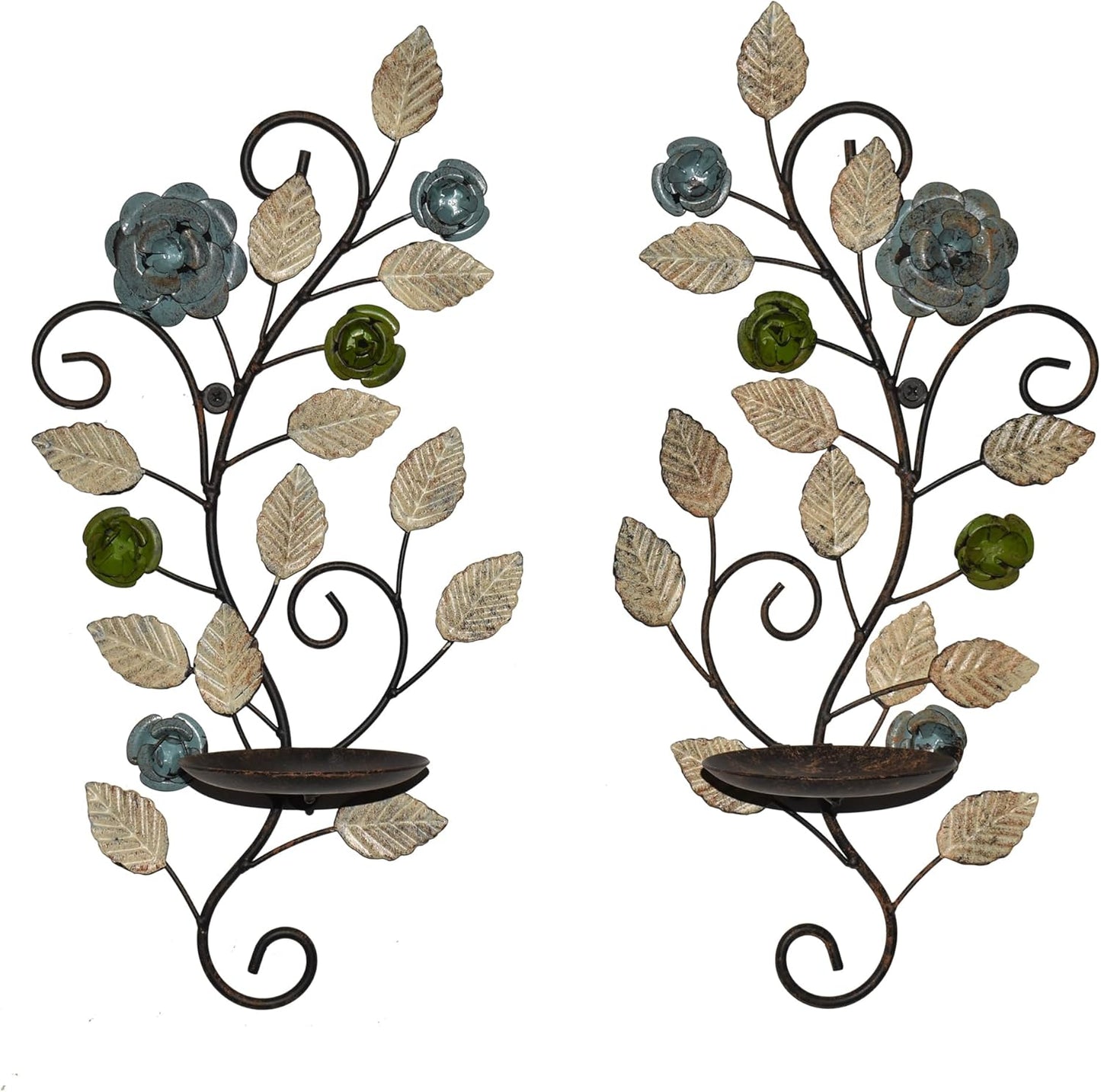 Wall Sconces Candle Holder Set of 2, Antique Multi-Color Leaf Branch Wall Mount Hanging Metal Wall Candle Holder Candle Sconce for Living Room Dining Room…