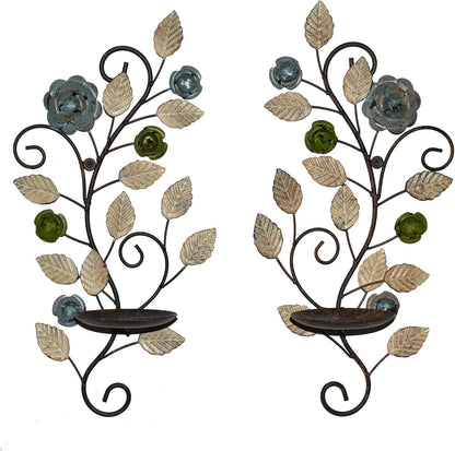 Wall Sconces Candle Holder Set of 2, Antique Multi-Color Leaf Branch Wall Mount Hanging Metal Wall Candle Holder Candle Sconce for Living Room Dining Room…