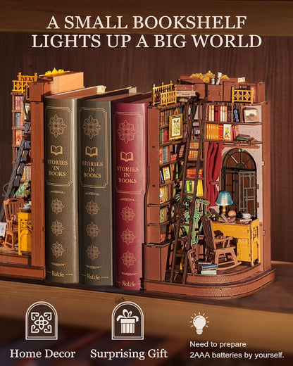 Rolife DIY Book Nook Kit Silent Corner Study, 3D Puzzles Creative British Bookend Bookshelf Decor for Adults, Tiny House Miniature Kits Model Building Kits, DIY Crafts/Gifts for Teens & Book Lovers