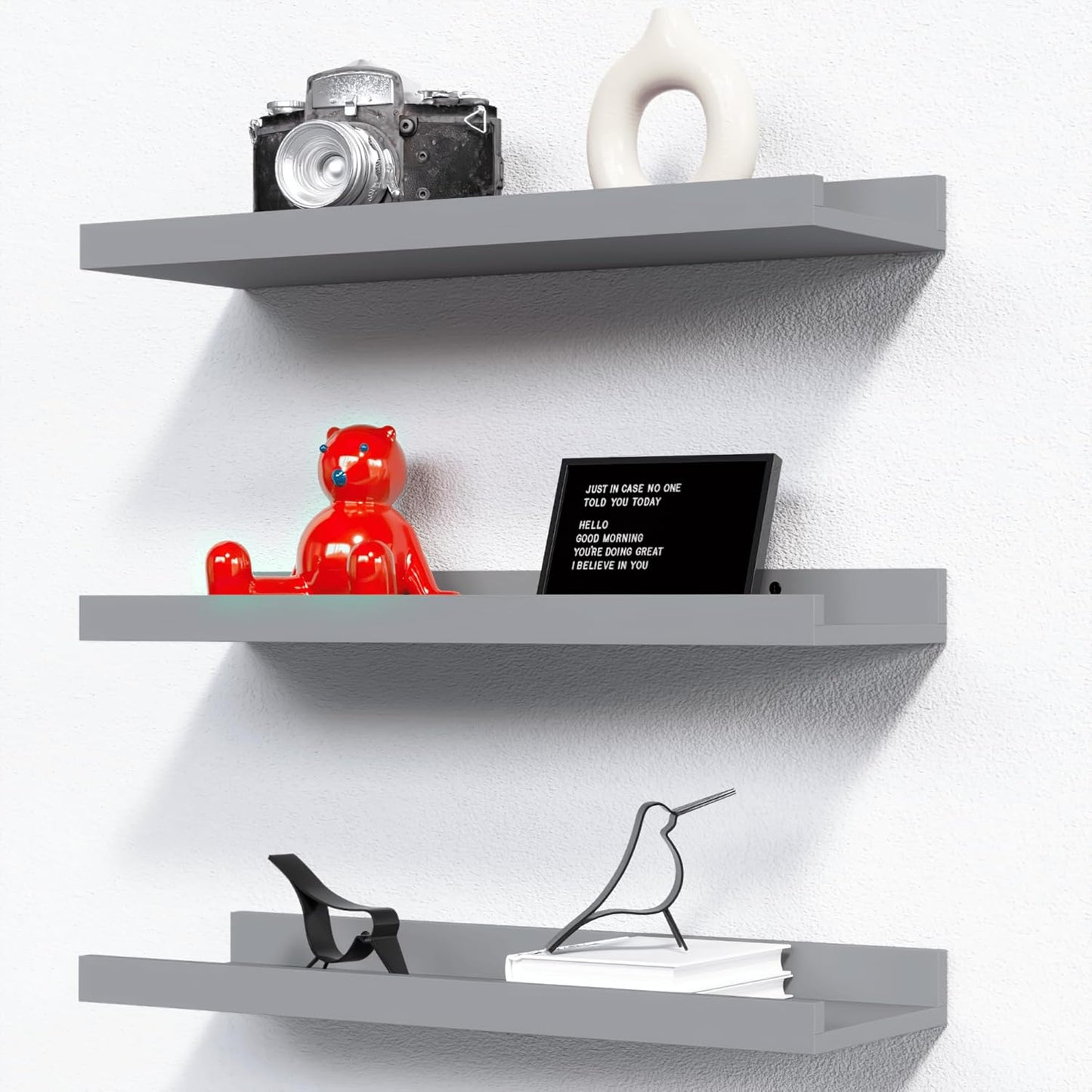 RICHER HOUSE 5 Set Floating Wall Mounted Shelves, Black Shelves for Wall Decor, Modern Picture Ledge Shelf with Lip for Storage, Nursery, Bedroom, Living Room, Bathroom - Black