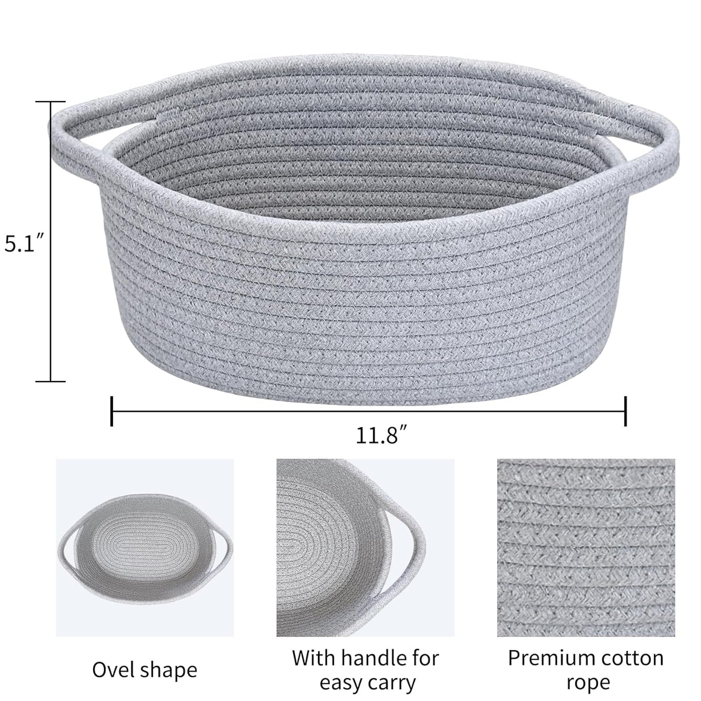ABenkle Small Basket with Handles, Boho Decorative Rope Woven Dog Cat Toy Storage Bin Shelf Storage Organizer, Easter Christmas Gift Basket, 12"x8"x5", White