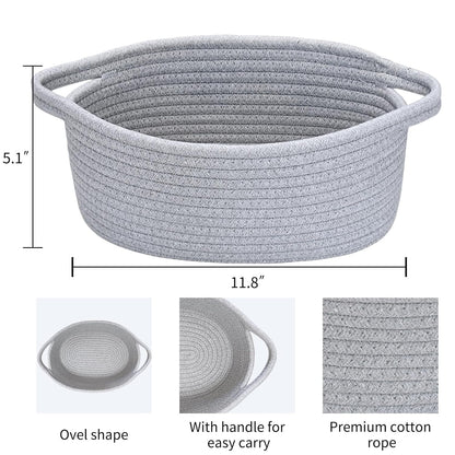 ABenkle Small Basket with Handles, Boho Decorative Rope Woven Dog Cat Toy Storage Bin Shelf Storage Organizer, Easter Christmas Gift Basket, 12"x8"x5", White