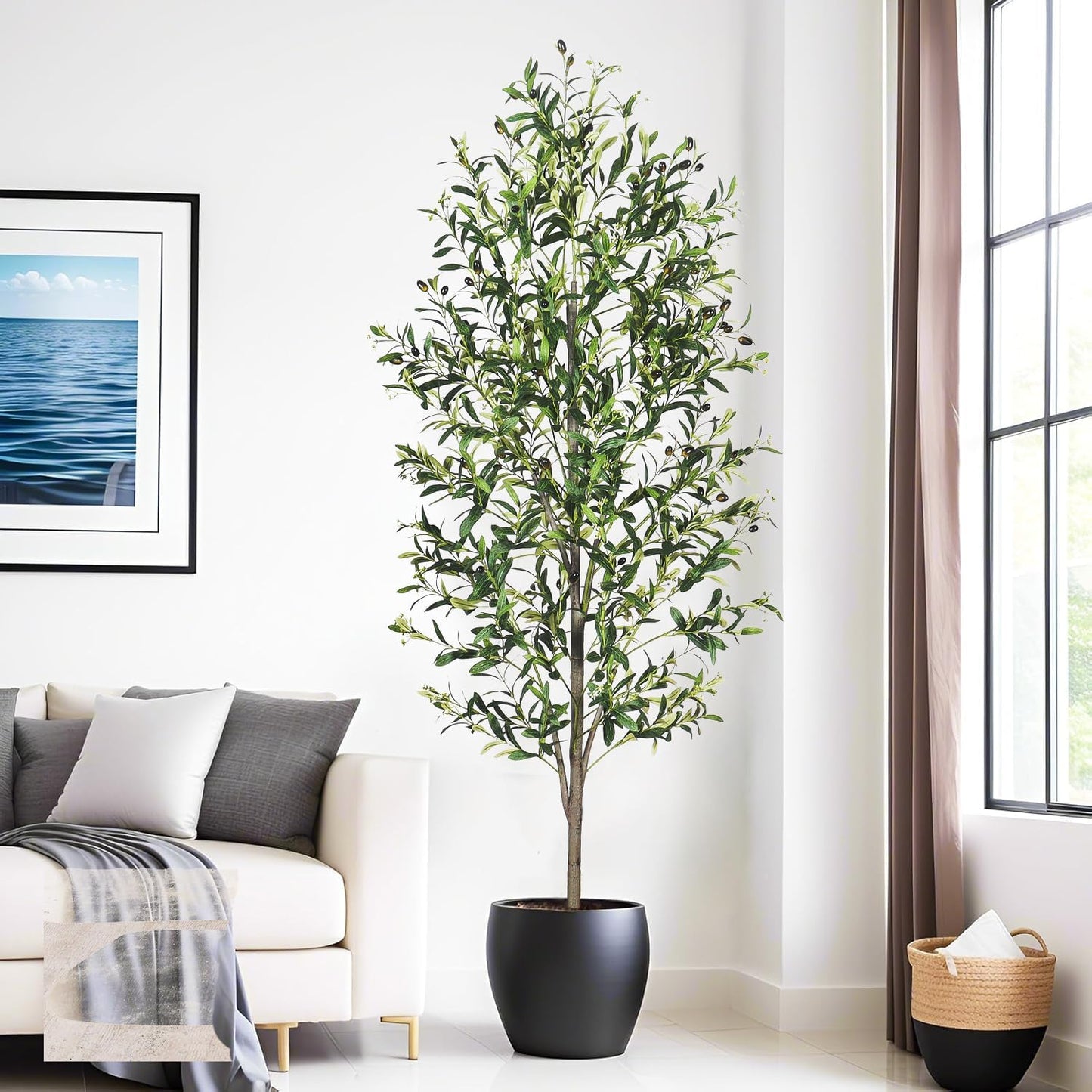 Artificial Olive Tree with White Pot,6FT high, Fake Tree containing 1440 Dense Leaves and 80 Highly Simulated Olive Fruits, Suitable for Home Office Living Room Floor Decoration