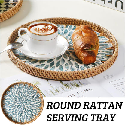 Round Rattan Tray with Mother of Pearl Inlay, Decorative Wicker Serving Tray with Wooden Base, Woven Basket Trays for Bread Fruits Coffee, Leaf