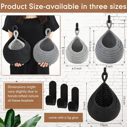 Honeydak Boho Decor Hanging Wall Baskets for Kitchen 3 Pack Teardrop Baskets with Hooks Storage Fruit Onion Vegetable Potato for Home 3 Sizes(Linen,Teardrop,Jute)