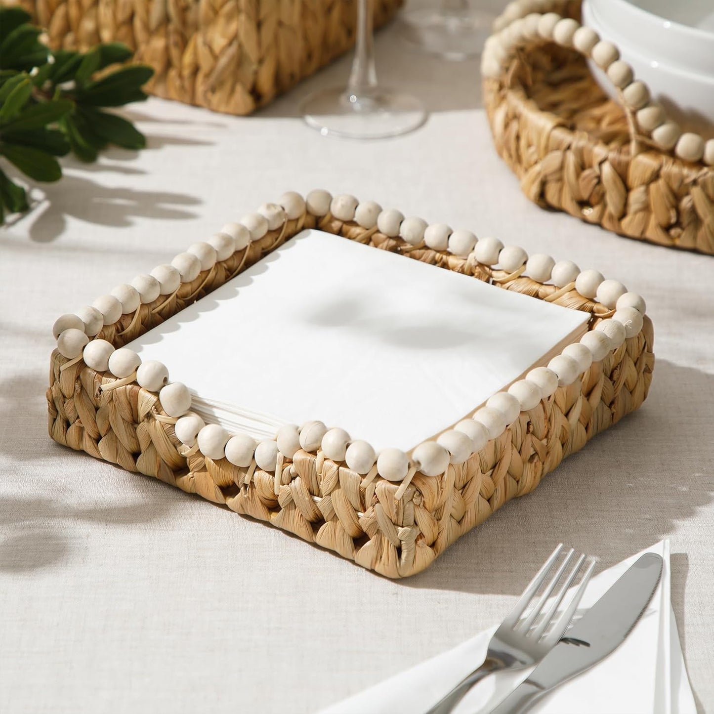 Gibson Home Riverrun Grove 17" Woven Decorative Serving Tray – Large Natural Water Hyacinth Basket w/Wood-Bead Trim & Handles for Coffee Table Décor, Ottomans, Centerpieces & Kitchen Counter Display