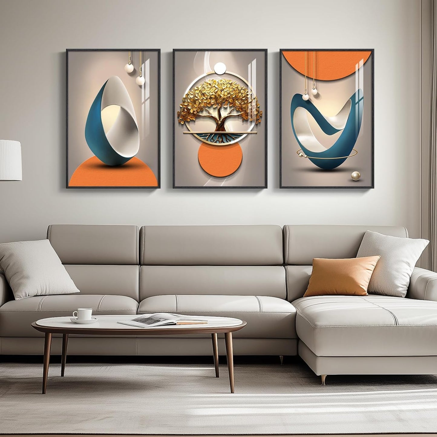 Framed Modern Luxury Gold Wall Art, Set of 3 Piece Contemporary Paintings Artwork for Walls, Golden Prints Pictures with Gold Frame, Wall Decor for Living Room, Hallway, Bedroom, Office 16x24 Inch