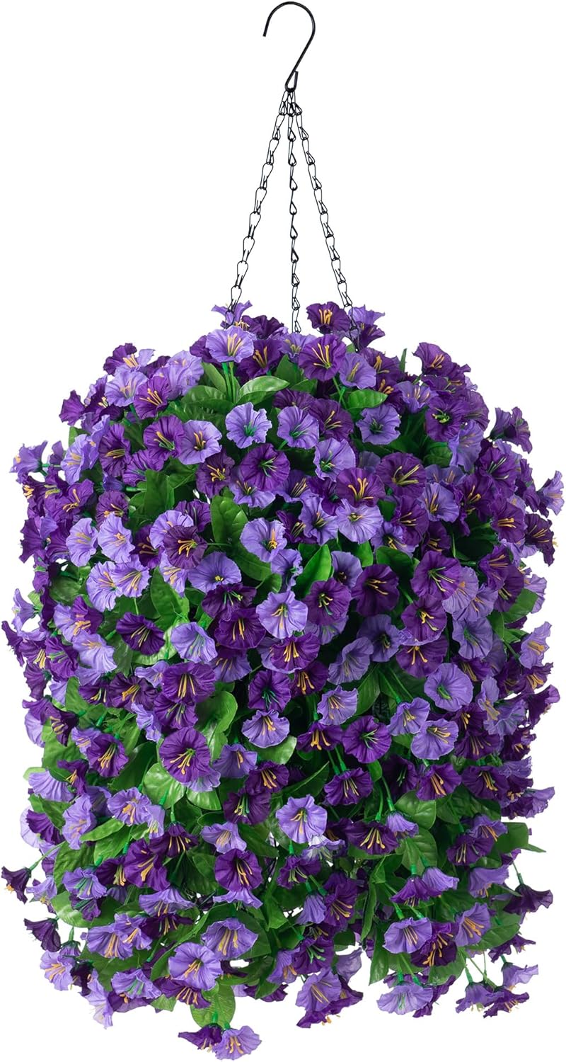 INXUGAO Artificial Flowers with Hanging Basket, Outdoor Faux Plants Silk Morning Glory Vines, Fake Green Arrangement for Garden Patio Spring Summer Decor(4pcs,Darkorchid)